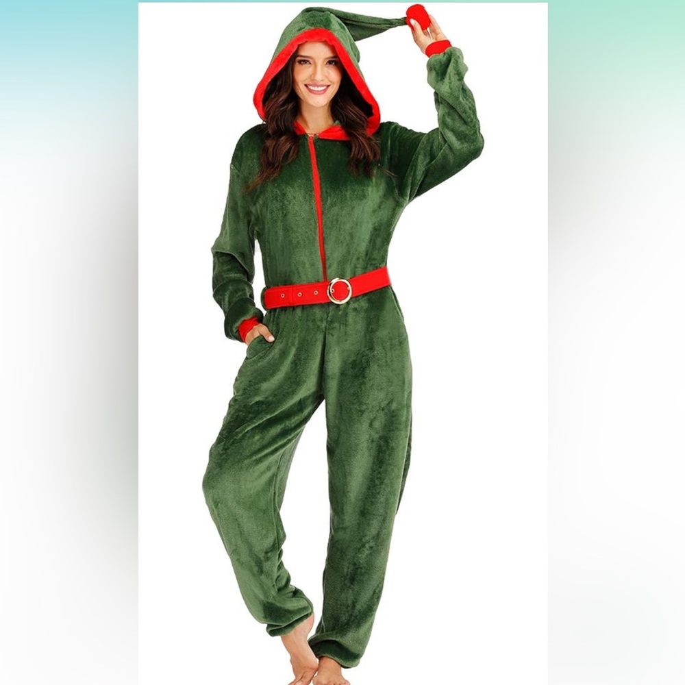 Women’s Green and Red Elf Christmas Onesie Pajama with Belt and Hood| Size Small